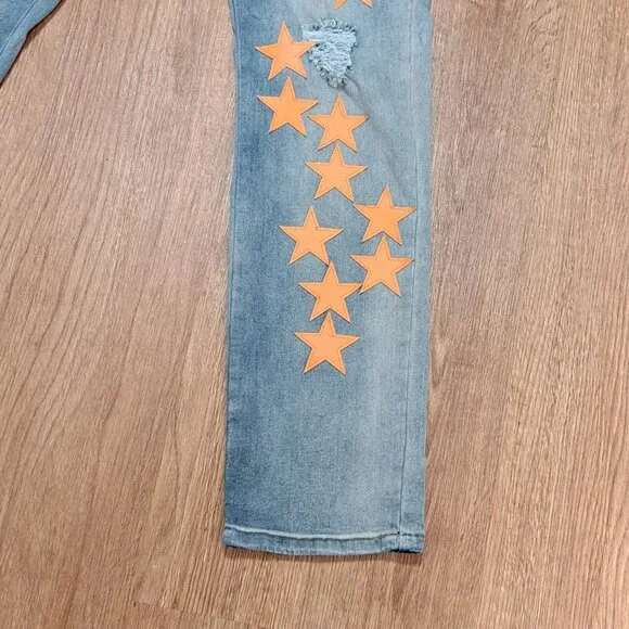 DD2 Faux Leather Orange Applique Star Distressed Denim Men's Size 30 - Picture 3 of 10